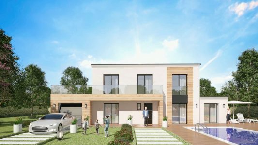 Modele Constructeur Maison Neuve Bardage Ossature Bois toit plat et toit terrasse architecte sur mesure design moderne contemporaine (1)