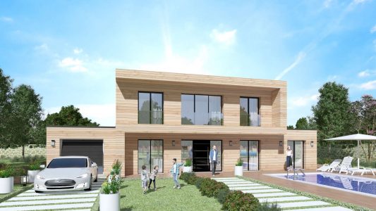 Modele Constructeur Maison Neuve Bardage Ossature Bois toit plat et toit terrasse architecte sur mesure design moderne contemporaine (12)