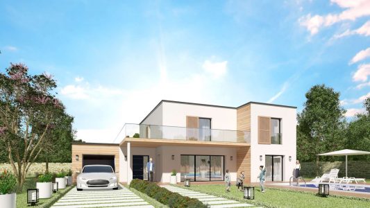 Modele Constructeur Maison Neuve Bardage Ossature Bois toit plat et toit terrasse architecte sur mesure design moderne contemporaine (3)