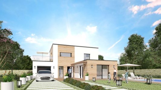 Modele Constructeur Maison Neuve Bardage Ossature Bois toit plat et toit terrasse architecte sur mesure design moderne contemporaine (5)