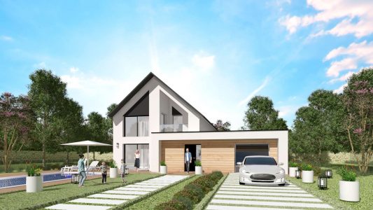 Modele Constructeur Sur Mesure Maison Ossature Bois et Bardage Architecte Design Moderne Contemporaine Comble Biseau Grande Baie Visuel 3D exemple (1)