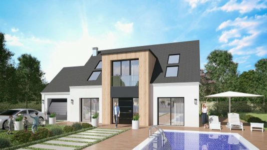 Modele Constructeur Sur Mesure Maison Ossature Bois et Bardage Architecte Design Moderne Contemporaine Comble Biseau Grande Baie Visuel 3D exemple (10)