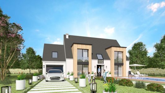 Modele Constructeur Sur Mesure Maison Ossature Bois et Bardage Architecte Design Moderne Contemporaine Comble Biseau Grande Baie Visuel 3D exemple (11)