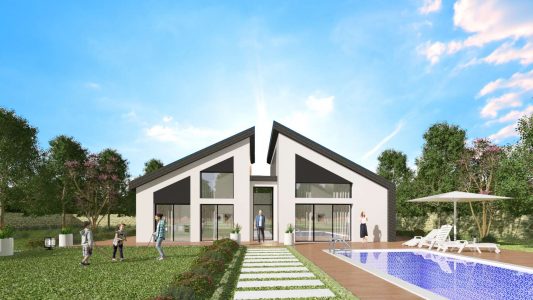 Modele Constructeur Sur Mesure Maison Ossature Bois et Bardage Architecte Design Moderne Contemporaine Comble Biseau Grande Baie Visuel 3D exemple (14)