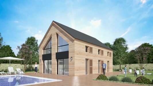 Modele Constructeur Sur Mesure Maison Ossature Bois et Bardage Architecte Design Moderne Contemporaine Comble Biseau Grande Baie Visuel 3D exemple (15)