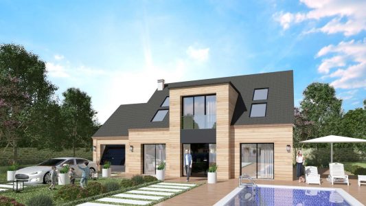 Modele Constructeur Sur Mesure Maison Ossature Bois et Bardage Architecte Design Moderne Contemporaine Comble Biseau Grande Baie Visuel 3D exemple (16)