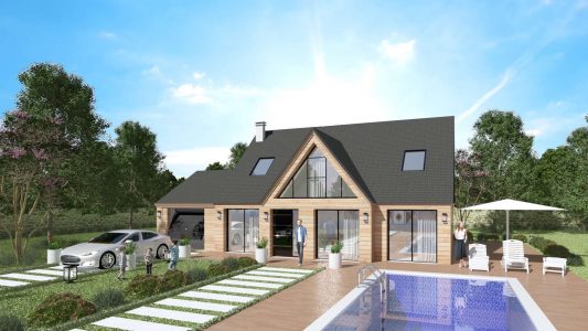 Modele Constructeur Sur Mesure Maison Ossature Bois et Bardage Architecte Design Moderne Contemporaine Comble Biseau Grande Baie Visuel 3D exemple (17)