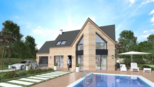 Modele Constructeur Sur Mesure Maison Ossature Bois et Bardage Architecte Design Moderne Contemporaine Comble Biseau Grande Baie Visuel 3D exemple (3)