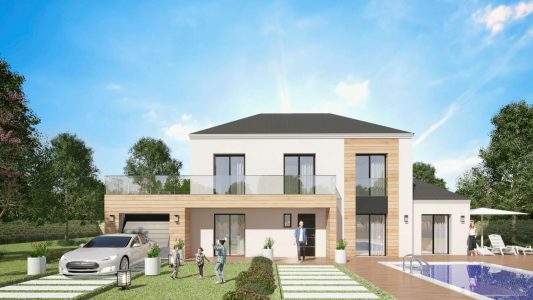 Modele constructeur sur mesure maison ossature bois 4 pans tuile noire grande baie garage a etage moderne design contemporaine architecte visuel 3D et plan (1)