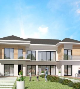 Modele constructeur sur mesure maison ossature bois 4 pans tuile noire grande baie garage a etage moderne design contemporaine architecte visuel 3D et plan (2)