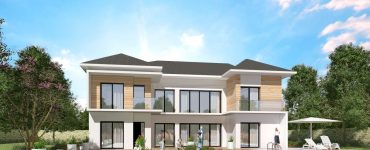 Modele constructeur sur mesure maison ossature bois 4 pans tuile noire grande baie garage a etage moderne design contemporaine architecte visuel 3D et plan (2)