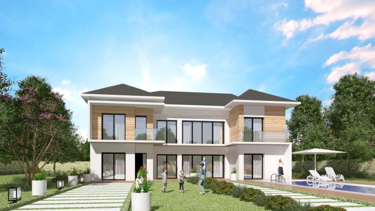 Modele constructeur sur mesure maison ossature bois 4 pans tuile noire grande baie garage a etage moderne design contemporaine architecte visuel 3D et plan (2)