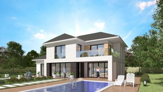 Modele constructeur sur mesure maison ossature bois 4 pans tuile noire grande baie garage a etage moderne design contemporaine architecte visuel 3D et plan (3)