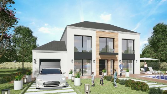 Modele constructeur sur mesure maison ossature bois 4 pans tuile noire grande baie garage a etage moderne design contemporaine architecte visuel 3D et plan (5)