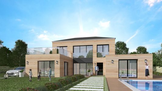 Modele constructeur sur mesure maison ossature bois 4 pans tuile noire grande baie garage a etage moderne design contemporaine architecte visuel 3D et plan (6)