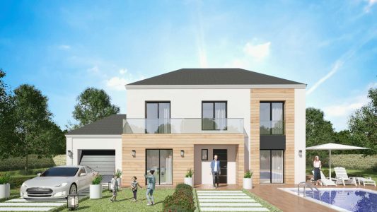 Modele constructeur sur mesure maison ossature bois 4 pans tuile noire grande baie garage a etage moderne design contemporaine architecte visuel 3D et plan (7)