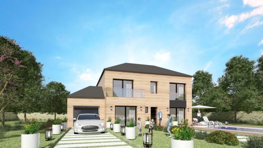 Modele constructeur sur mesure maison ossature bois 4 pans tuile noire grande baie garage a etage moderne design contemporaine architecte visuel 3D et plan (8)