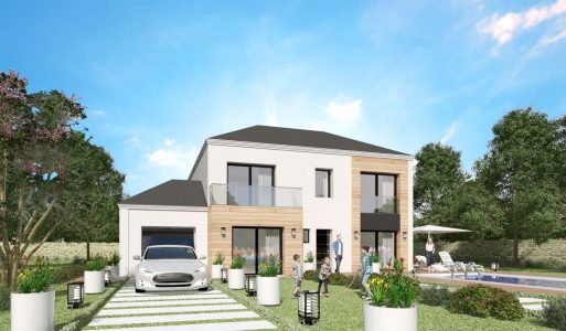 Modele constructeur sur mesure maison ossature bois 4 pans tuile noire grande baie garage a etage moderne design contemporaine architecte visuel 3D et plan (9)