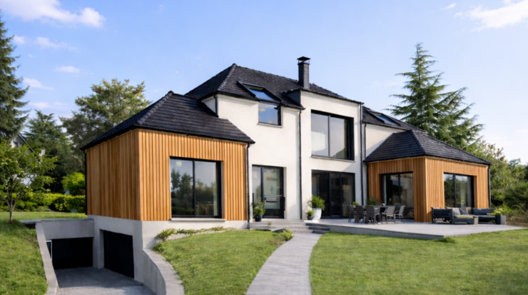 Villa 70 Constructeur Maison Bois haut de gamme sur mesure d'architecte moderne design 4 pans toit plat Val de Marne 94